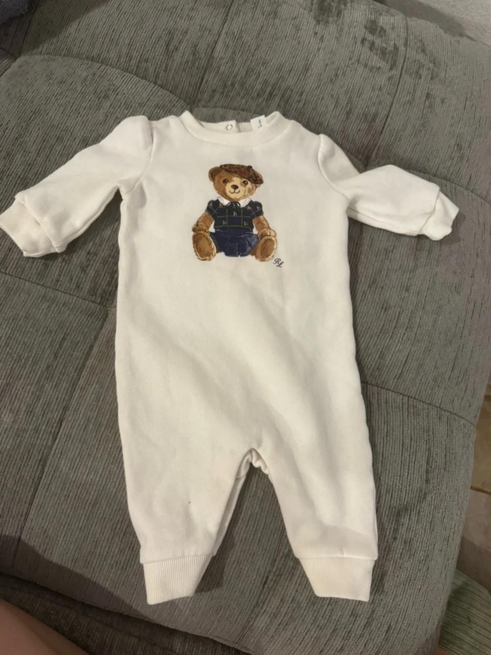 Ralph Lauren White Baby Footie with Teddy Bear Motif